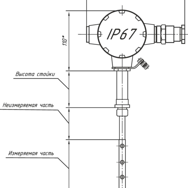 Чертеж прибора контроля уровня жидкости со стержневым чувствительным элементом в перфорированной защитной трубке СЖУ-1-АИ
