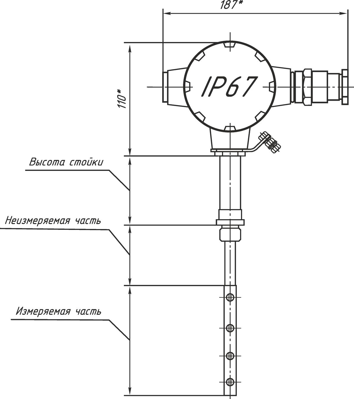 Чертеж прибора контроля уровня жидкости со стержневым чувствительным элементом в перфорированной защитной трубке СЖУ-1-АИ